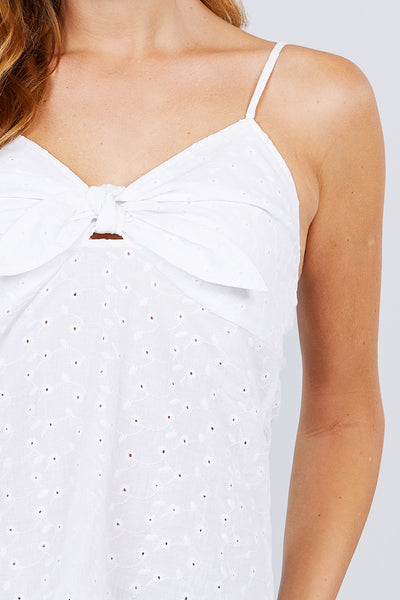 V-neck w/front bow tie eyelet woven cami top