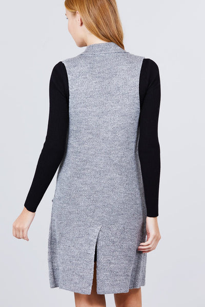 Sleeveless Notched Collar With Side Pocket Long Sweater Vest
