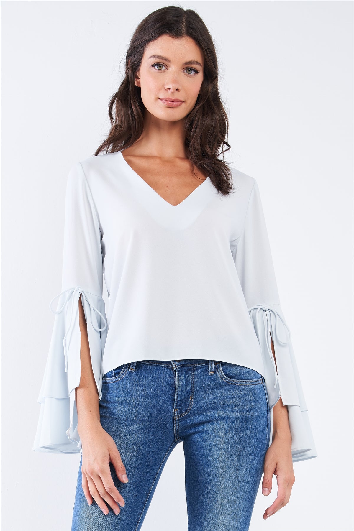 V-neck Long Bluebell Slit Draw String Tie Double Frill Sleeve Top