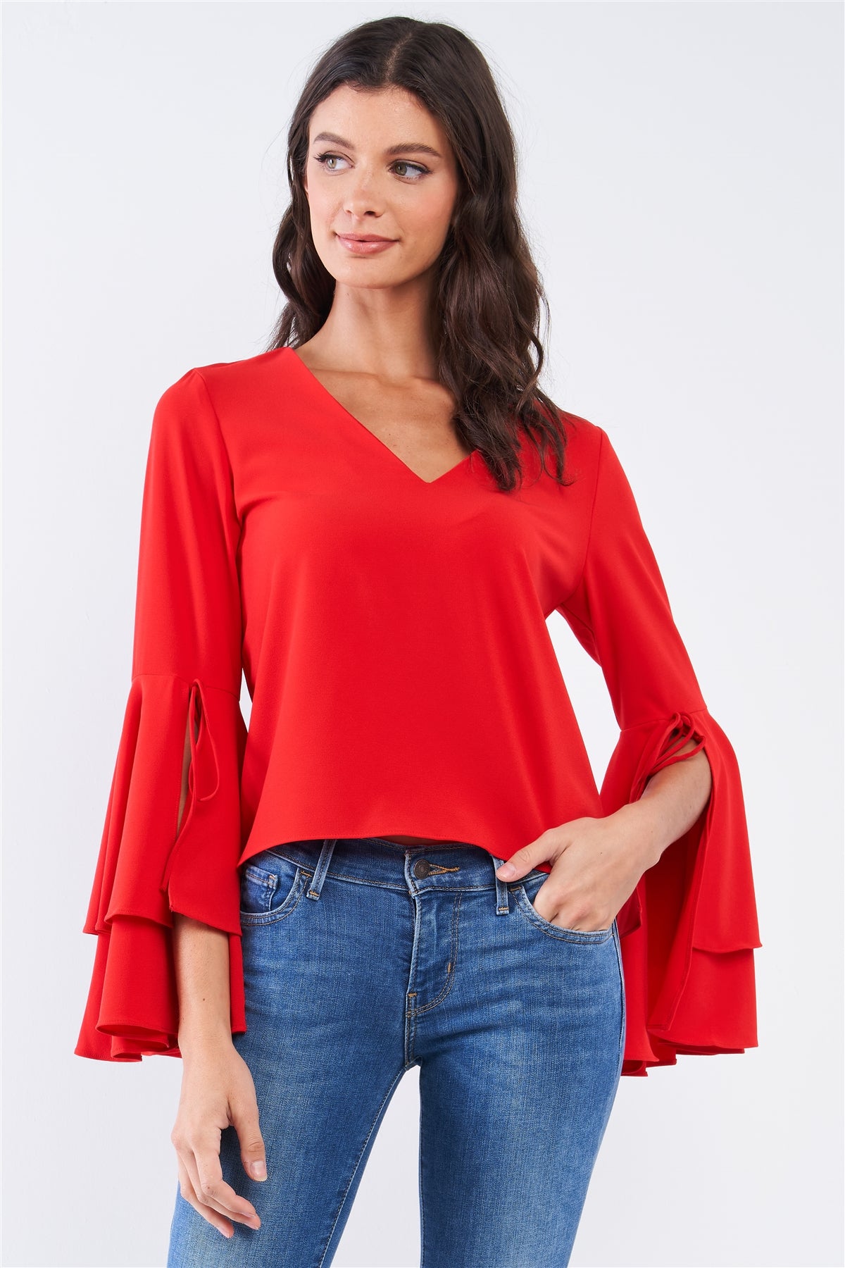 V-neck Long Bluebell Slit Draw String Tie Double Frill Sleeve Top