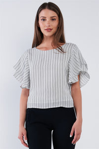 White Black Striped Ruffled Sleeve Backless Belted Blouse Top