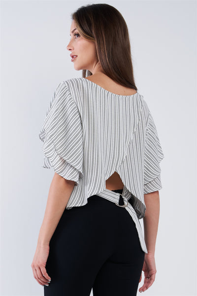 White Black Striped Ruffled Sleeve Backless Belted Blouse Top