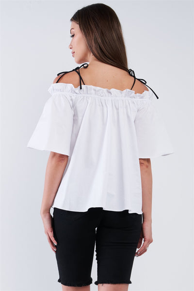 White Cotton Relaxed Fit Stretchy Ruffle Hem Off-the-shoulder Top With Black Self Tie Strings
