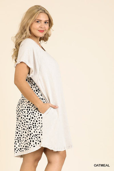 Short Ruffle Sleeve Round Neck Dress With Dalmatian Print Back And Ruffle Frayed Scoop Hem