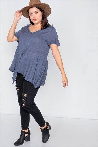 Plus Size Indigo High-low Relaxed Fit Raw Hem Top