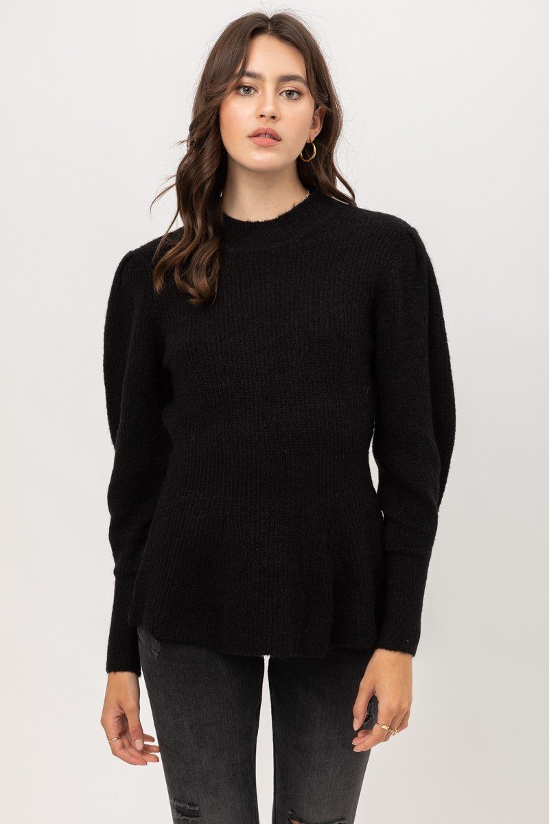 2 Tone Tweed Yarn Puff Sleeve Sweater