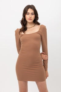 U Neck Of Front And Back Side, Basic Rib Dress With Long Sleeve