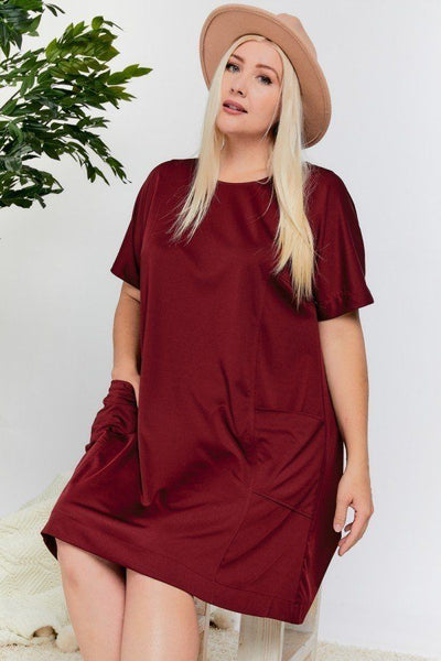 Pleated Back Short Sleeve Solid Dress With Pockets