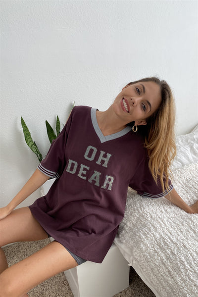 Burgundy Cold Shoulder "oh Dear" Graphic Top