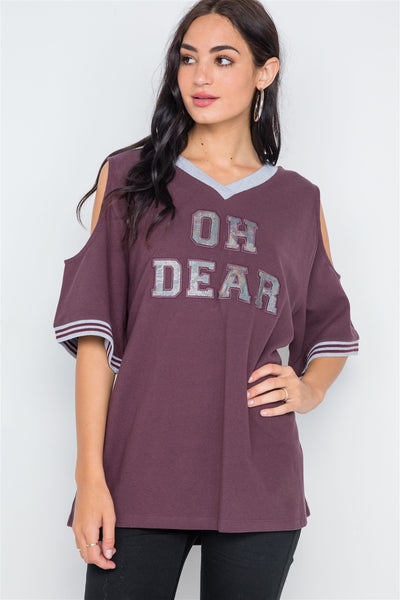 Burgundy Cold Shoulder "oh Dear" Graphic Top
