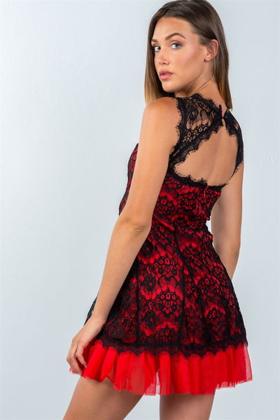 Black Red Lace Contrast Tulle Hem Mini Dress
