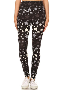 Long Yoga Style Banded Lined Stars Printed Knit Legging With High Waist.