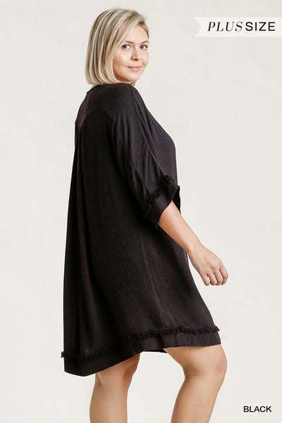 Linen Blend Round Neck Half Sleeve Dress With Chest Pocket And Frayed Edge Detail