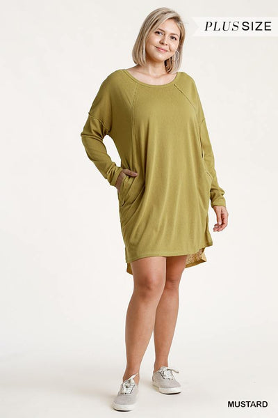 Long Raglan Sleeve Round Neck Raw Edged Detail Dress With Side Slits And Pockets