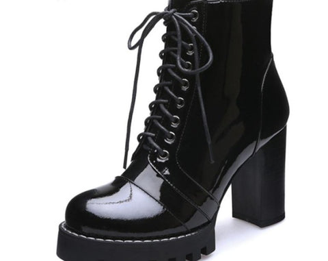 New Fashion Cow Patent Leather Women Ankle Boots Women Autumn Winter Genuine Leather Shoes Woman Platforms Ladies Boots