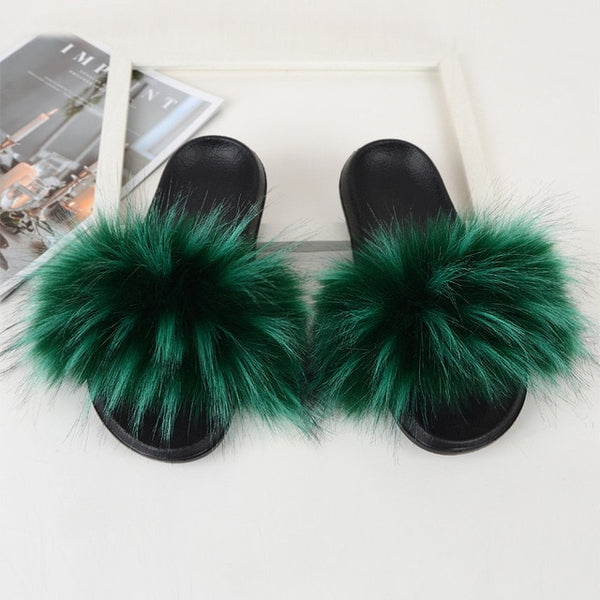 Fur Slippers Women Real Fox Fur Slides Comfort Home Furry Flat Sandals Female Cute Fluffy House Shoes Sweet Ladies Shoes Size 45
