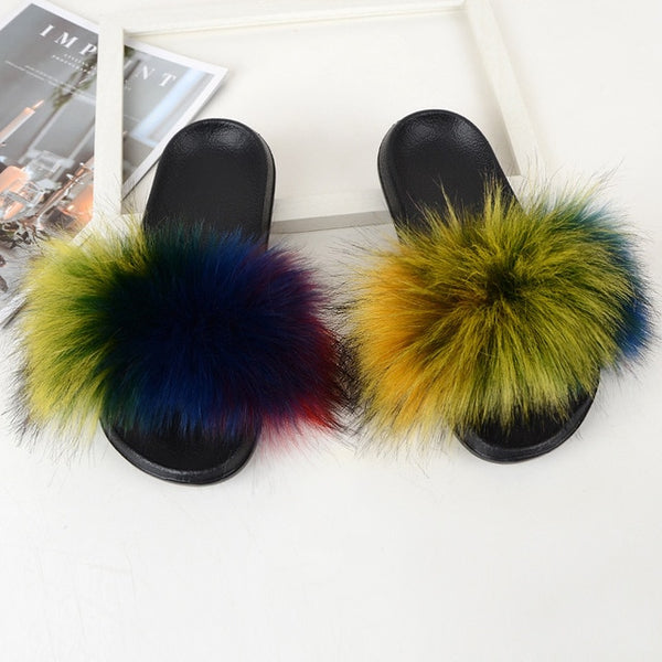 Fur Slippers Women Real Fox Fur Slides Comfort Home Furry Flat Sandals Female Cute Fluffy House Shoes Sweet Ladies Shoes Size 45