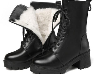 Hot sale genuine leather boots women thick fur wool winter snow boots ladies lace up motorcycle platform boots shoe