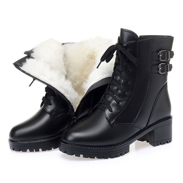 Hot sale genuine leather boots women thick fur wool winter snow boots ladies lace up motorcycle platform boots shoe