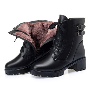 Hot sale genuine leather boots women thick fur wool winter snow boots ladies lace up motorcycle platform boots shoe