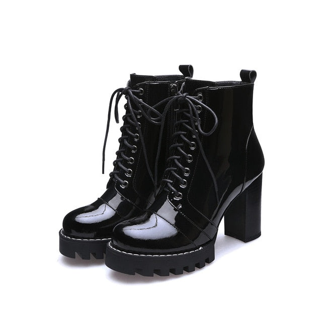 New Fashion Cow Patent Leather Women Ankle Boots Women Autumn Winter Genuine Leather Shoes Woman Platforms Ladies Boots